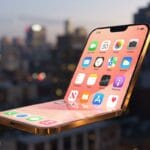 A foldable smartphone with its screen displaying app icons is open against a blurred cityscape background at dusk.