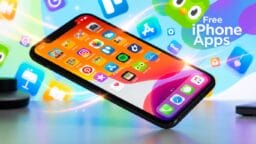 A smartphone displaying various app icons floats in front of a colorful background with the text Free iPhone Apps.