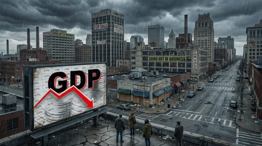A deserted city with for sale and going out of business signs, a billboard shows GDP declining, and four people look on under a gloomy sky.