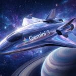 Futuristic spacecraft labeled Gemini 3 flying above a planet with rings, set against a star-filled space background.