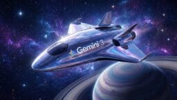 Futuristic spacecraft labeled Gemini 3 flying above a planet with rings, set against a star-filled space background.