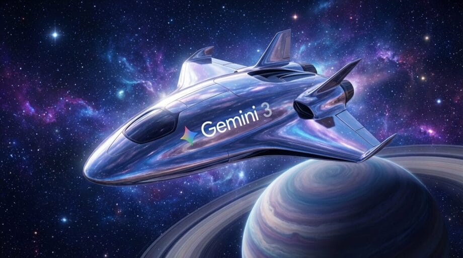 Futuristic spacecraft labeled Gemini 3 flying above a planet with rings, set against a star-filled space background.