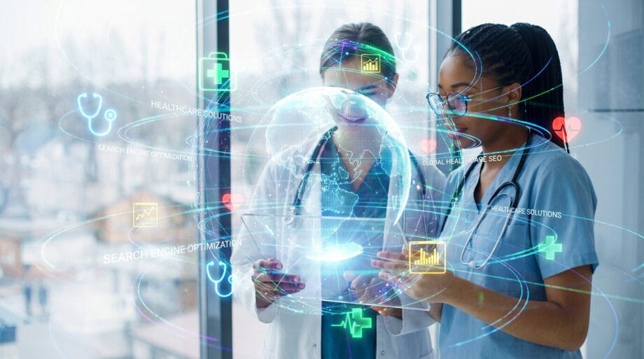 Two healthcare professionals interact with a digital hologram of the Earth displaying medical and technological icons in a modern setting.