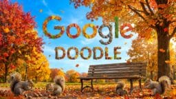 Autumn park scene with squirrels near a bench and Google Doodle written in colorful fall leaves and branches.