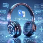 Headphones with Google Translate logo surrounded by digital language icons and greetings in various languages on a futuristic background.