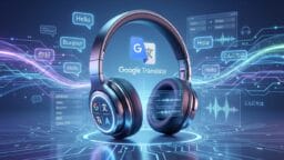 Headphones with Google Translate logo surrounded by digital language icons and greetings in various languages on a futuristic background.