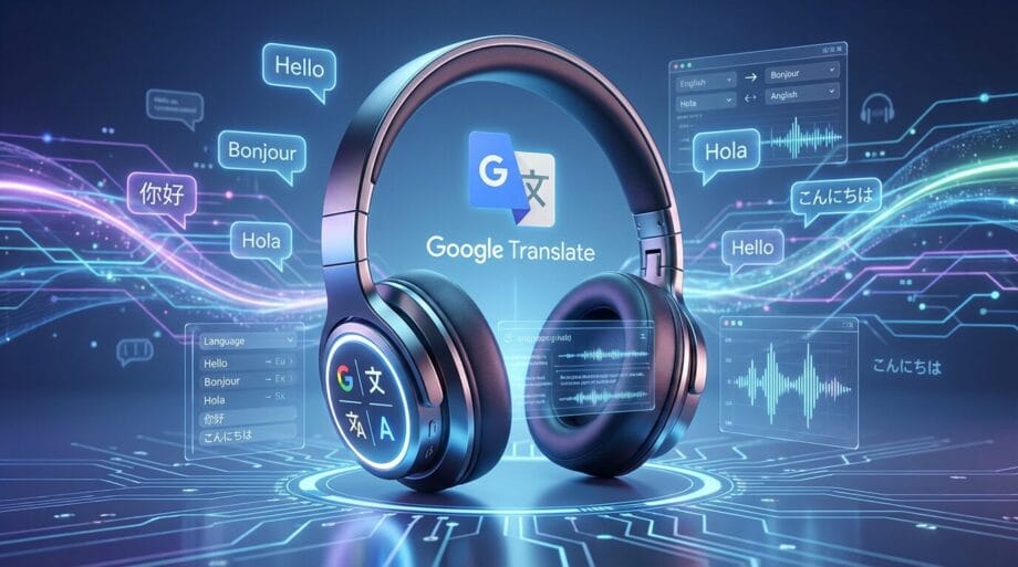 Headphones with Google Translate logo surrounded by digital language icons and greetings in various languages on a futuristic background.
