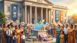 A diverse group of people gather outside a government building with signs for funding education, healthcare, and infrastructure.