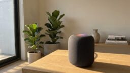 A smart speaker sits on a wooden table in a sunlit room with potted plants and stacked books in the background.