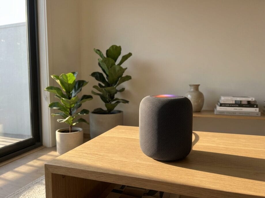 A smart speaker sits on a wooden table in a sunlit room with potted plants and stacked books in the background.