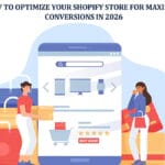 Illustration of two people shopping online with mobile devices, large phone screen displaying e-commerce products, bags, and boxes around them.