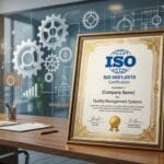 A framed ISO 9001:2015 certification sits on a modern office desk, with gear diagrams on a glass wall in the background.