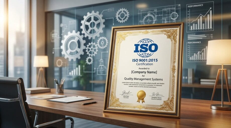A framed ISO 9001:2015 certification sits on a modern office desk, with gear diagrams on a glass wall in the background.