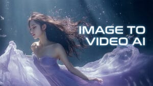 A woman in a flowing, lavender dress underwater next to the text IMAGE TO VIDEO AI.