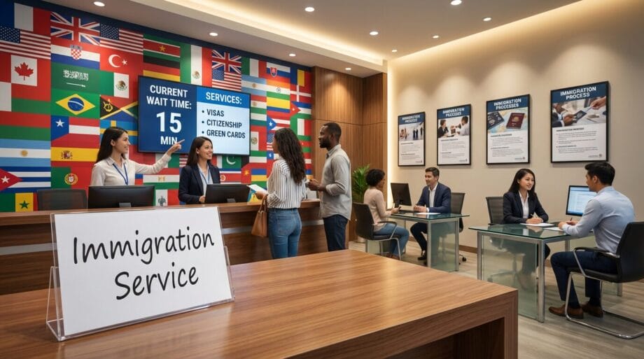 People wait and speak with staff at an immigration service office, with international flags and informational posters on the walls.