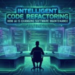 A person sits at a desk with multiple screens showing code, under a sign reading Intelligent Code Refactoring: How AI Is Changing Software Maintenance.