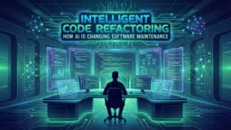 A person sits at a desk with multiple screens showing code, under a sign reading Intelligent Code Refactoring: How AI Is Changing Software Maintenance.