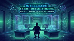 A person sits at a desk with multiple screens showing code, under a sign reading Intelligent Code Refactoring: How AI Is Changing Software Maintenance.