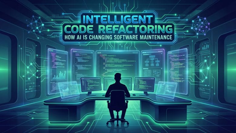 A person sits at a desk with multiple screens showing code, under a sign reading Intelligent Code Refactoring: How AI Is Changing Software Maintenance.