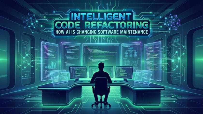A person sits at a desk with multiple screens showing code, under a sign reading Intelligent Code Refactoring: How AI Is Changing Software Maintenance.