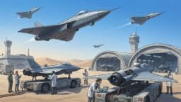 Several modern fighter jets fly and taxi near hangars at a desert airbase, while personnel in lab coats work on a drone.