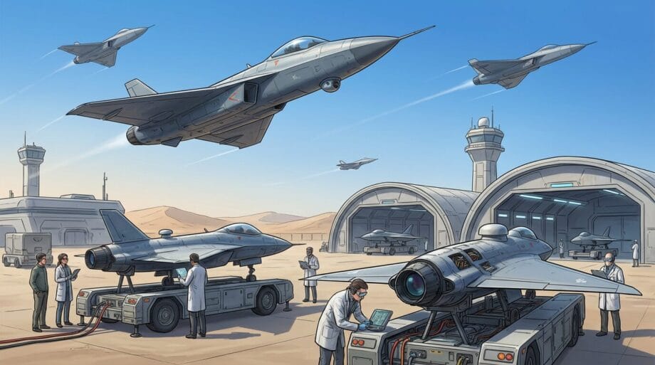 Several modern fighter jets fly and taxi near hangars at a desert airbase, while personnel in lab coats work on a drone.
