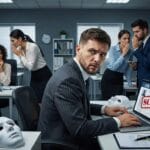 Man in office with masked colleagues, laptop displaying scam on job application, money and urgent hiring signs visible, tense atmosphere.