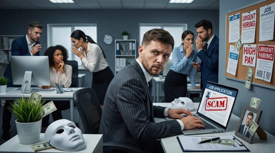 Man in office with masked colleagues, laptop displaying scam on job application, money and urgent hiring signs visible, tense atmosphere.