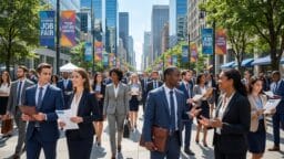 A large group of professionally dressed people walk down a city street holding resumes at an outdoor job fair event.