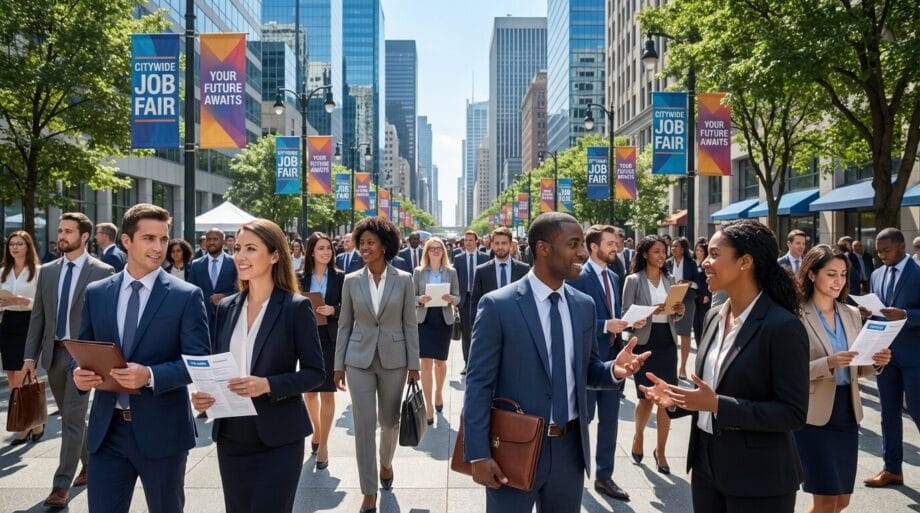 A large group of professionally dressed people walk down a city street holding resumes at an outdoor job fair event.