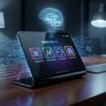 A tablet displaying AI software icons sits on a desk in a modern office, with digital brain and circuit graphics in the background.