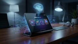 A tablet displaying AI software icons sits on a desk in a modern office, with digital brain and circuit graphics in the background.