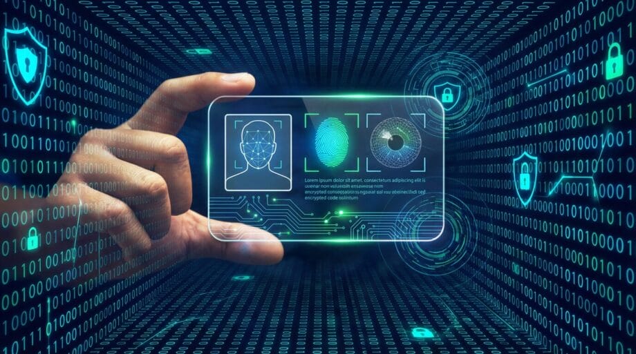 A hand holds a transparent digital interface displaying facial, fingerprint, and iris recognition icons amid binary code background.