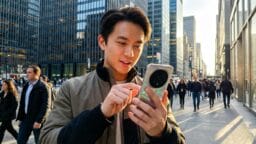A man standing on a busy city sidewalk uses his smartphone, with tall office buildings in the background.