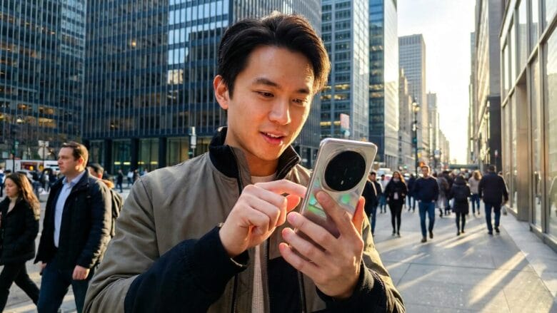 A man standing on a busy city sidewalk uses his smartphone, with tall office buildings in the background.