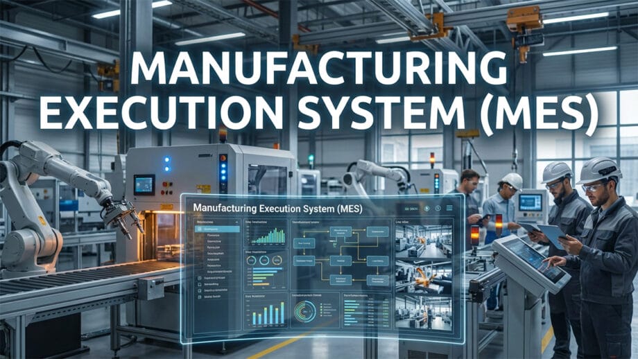 Robotic arms and workers operate in a factory with a digital dashboard labeled Manufacturing Execution System MES in the foreground.