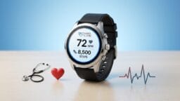 Smartwatch displaying heart rate and step count next to a stethoscope, heart icon, and heartbeat graphic on a wooden surface.