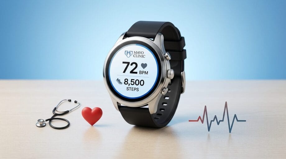 Smartwatch displaying heart rate and step count next to a stethoscope, heart icon, and heartbeat graphic on a wooden surface.