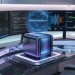 A futuristic workstation with a cube computer, two wide monitors showing code and graphs, and a hologram labeled “MetaComputing AI.”.