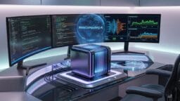A futuristic workstation with a cube computer, two wide monitors showing code and graphs, and a hologram labeled “MetaComputing AI.”.