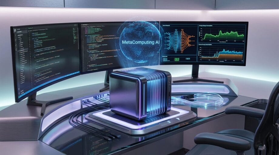 A futuristic workstation with a cube computer, two wide monitors showing code and graphs, and a hologram labeled “MetaComputing AI.”.