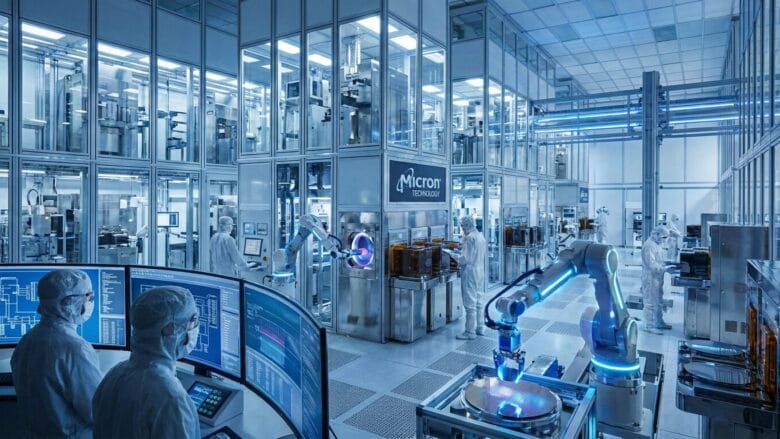 A high-tech semiconductor lab with engineers in cleanroom suits, robotic arms, computer monitors, and advanced manufacturing equipment.