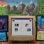 A desktop setup with multiple screens displaying various pixel art Minesweeper games and themes, including space, ocean, and maze backgrounds.