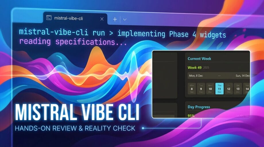 A digital graphic showing a terminal window with code, a calendar, and the text &ldquo;Mistral Vibe CLI Hands-on Review Reality Check.&rdquo;.