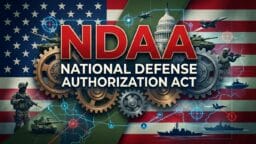 NDAA National Defense Authorization Act text over gears, military equipment, and US flag background.