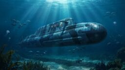 A camouflaged submarine moves underwater among fish, plants, and jellyfish, with sun rays filtering through the ocean surface.