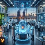 Scientists in a modern lab work with nuclear technology and digital interfaces, with a city and power plant visible through large windows.