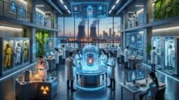 Scientists in a modern lab work with nuclear technology and digital interfaces, with a city and power plant visible through large windows.