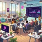 Office scene with diverse team working at computers and viewing data dashboards in the Octopus Energy software division.