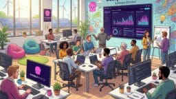 Office scene with diverse team working at computers and viewing data dashboards in the Octopus Energy software division.